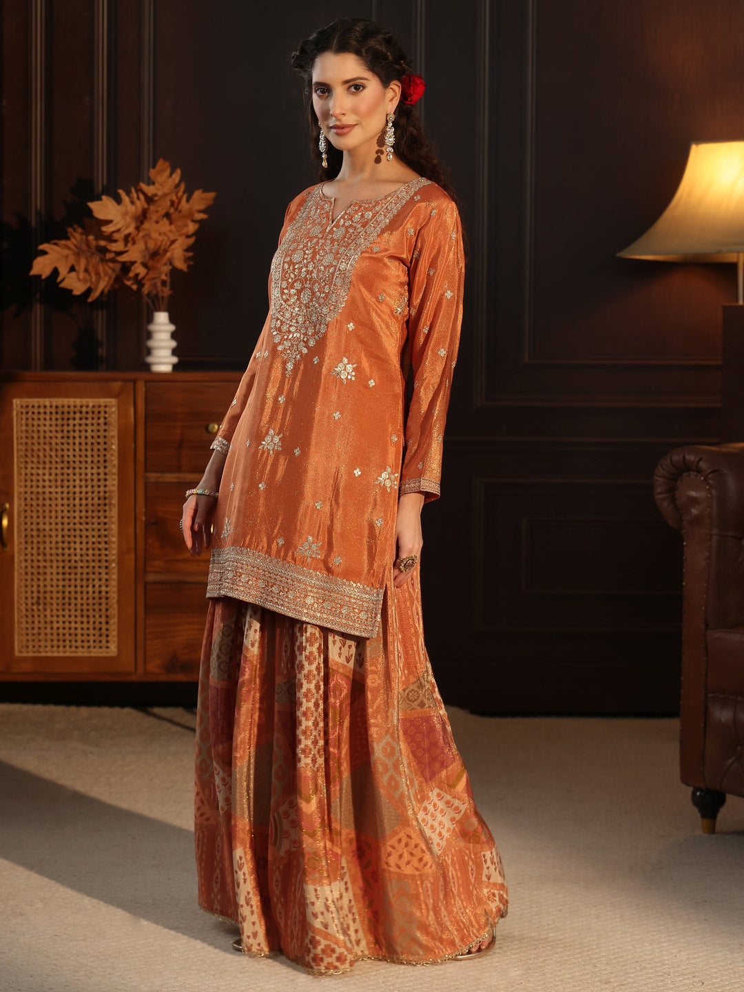 Libas Art Orange Floral Embellished Tissue Palazzo Suit Set