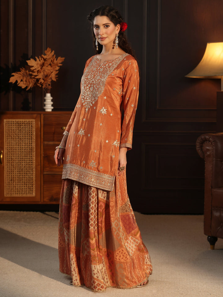 Libas Art Orange Floral Embellished Tissue Palazzo Suit Set