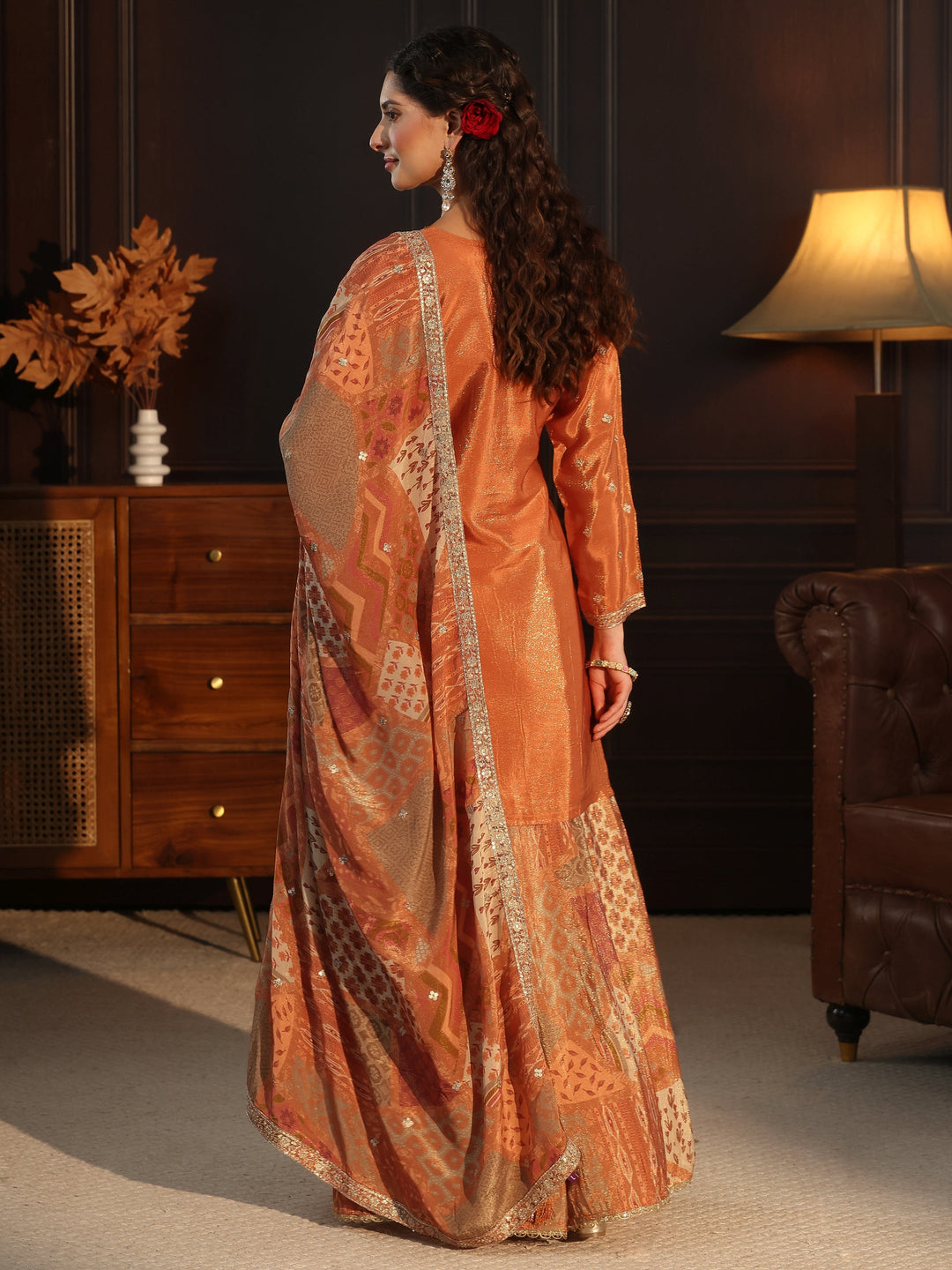 Libas Art Orange Floral Embellished Tissue Palazzo Suit Set
