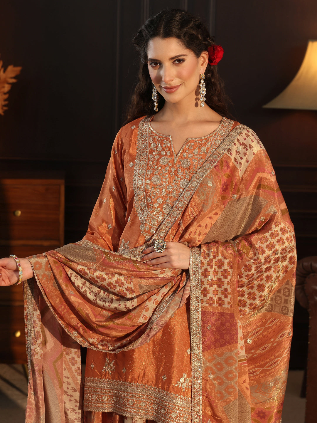 Libas Art Orange Floral Embellished Tissue Palazzo Suit Set