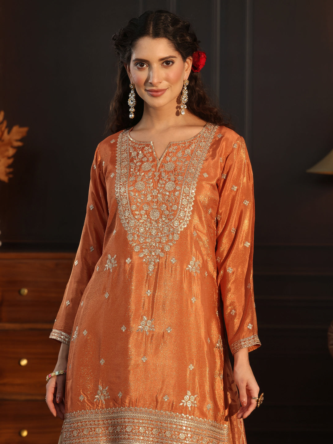 Libas Art Orange Floral Embellished Tissue Palazzo Suit Set