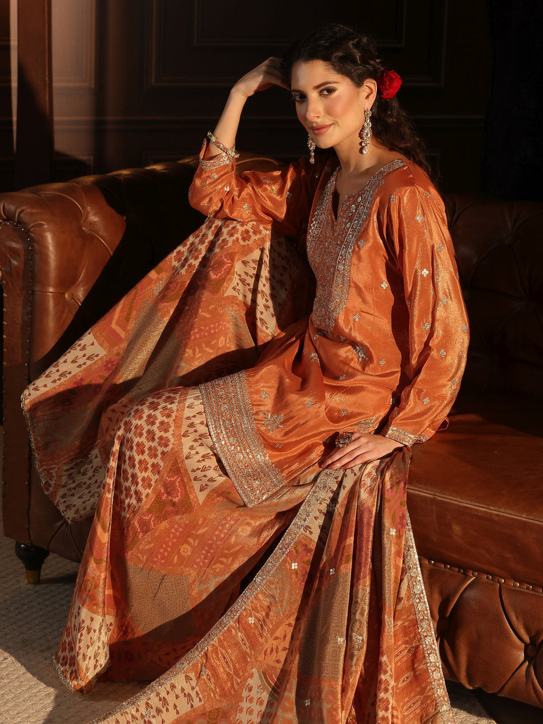 Libas Art Orange Floral Embellished Tissue Palazzo Suit Set
