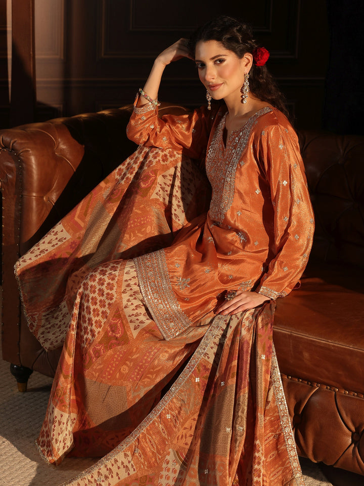 Libas Art Orange Floral Embellished Tissue Palazzo Suit Set