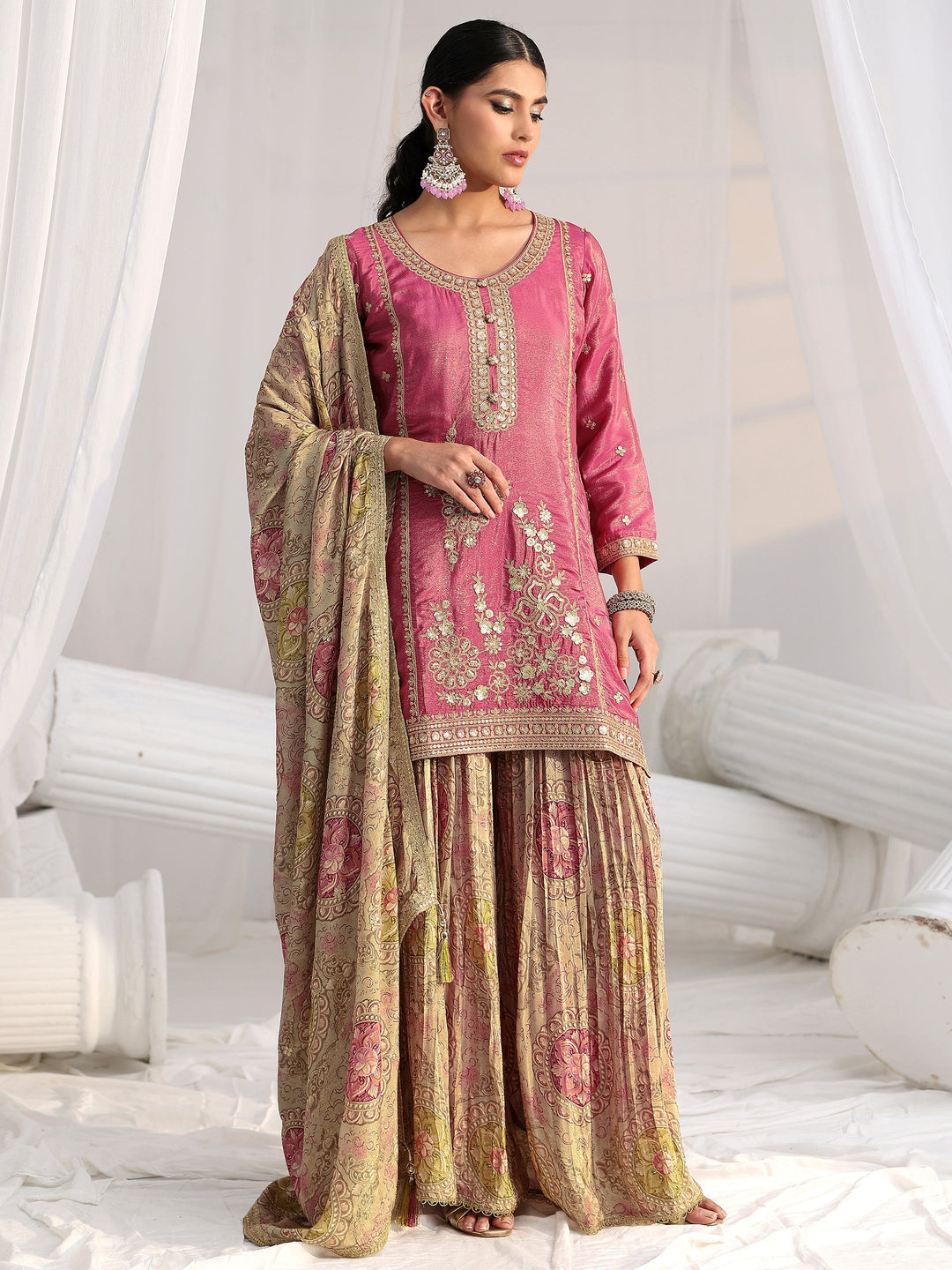 Libas Art Pink Floral Embellished Kurta With Crinkled Palazzo Suit Set