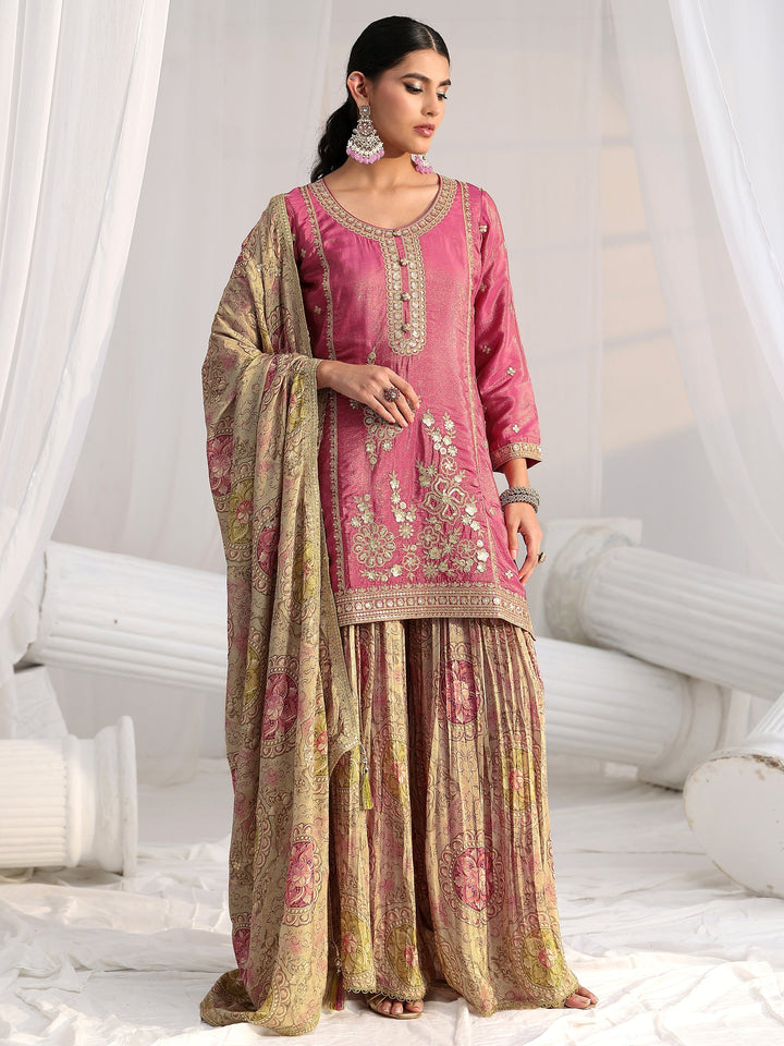 Libas Art Pink Floral Embellished Kurta With Crinkled Palazzo Suit Set