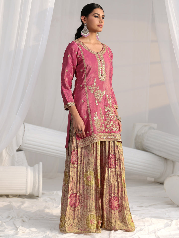 Libas Art Pink Floral Embellished Kurta With Crinkled Palazzo Suit Set