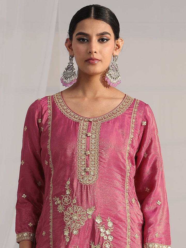 Libas Art Pink Floral Embellished Kurta With Crinkled Palazzo Suit Set