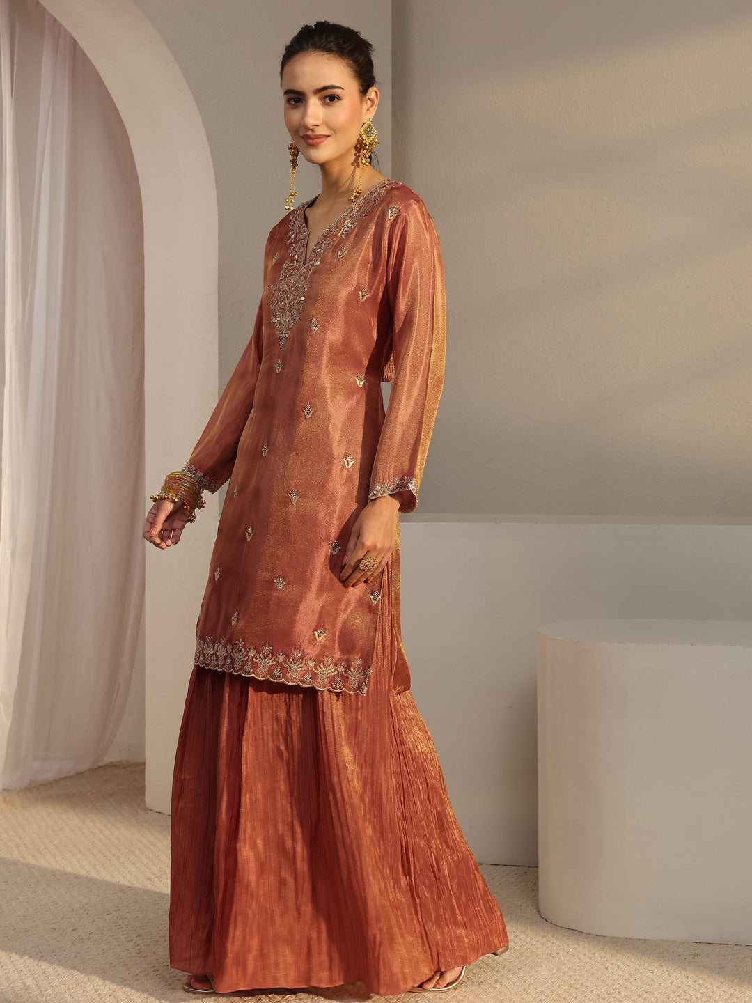 Libas Art Rust Embellished Tissue Palazzo Suit Set With Dupatta