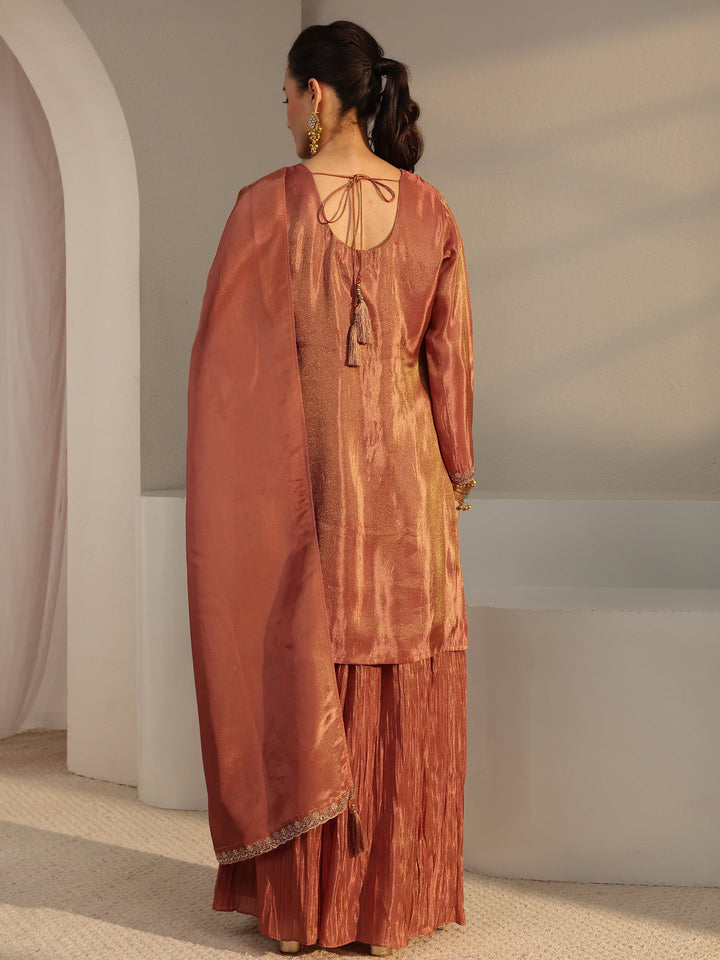 Libas Art Rust Embellished Tissue Palazzo Suit Set With Dupatta