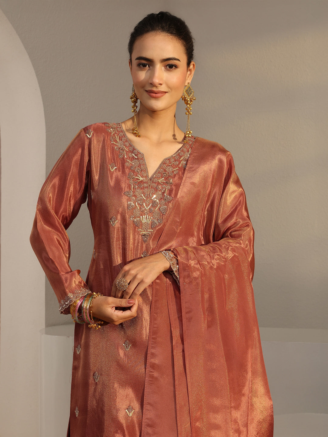 Libas Art Rust Embellished Tissue Palazzo Suit Set With Dupatta