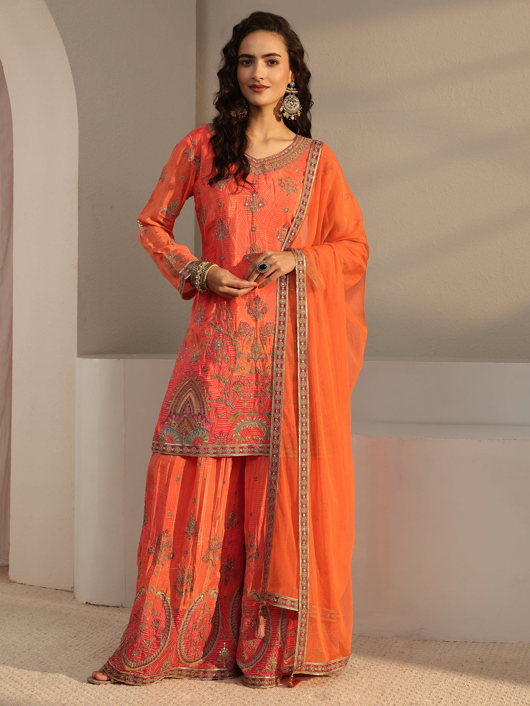 Libas Art Orange Floral Embroidered Silk Blend Palazzo Suit Set With Dupatta