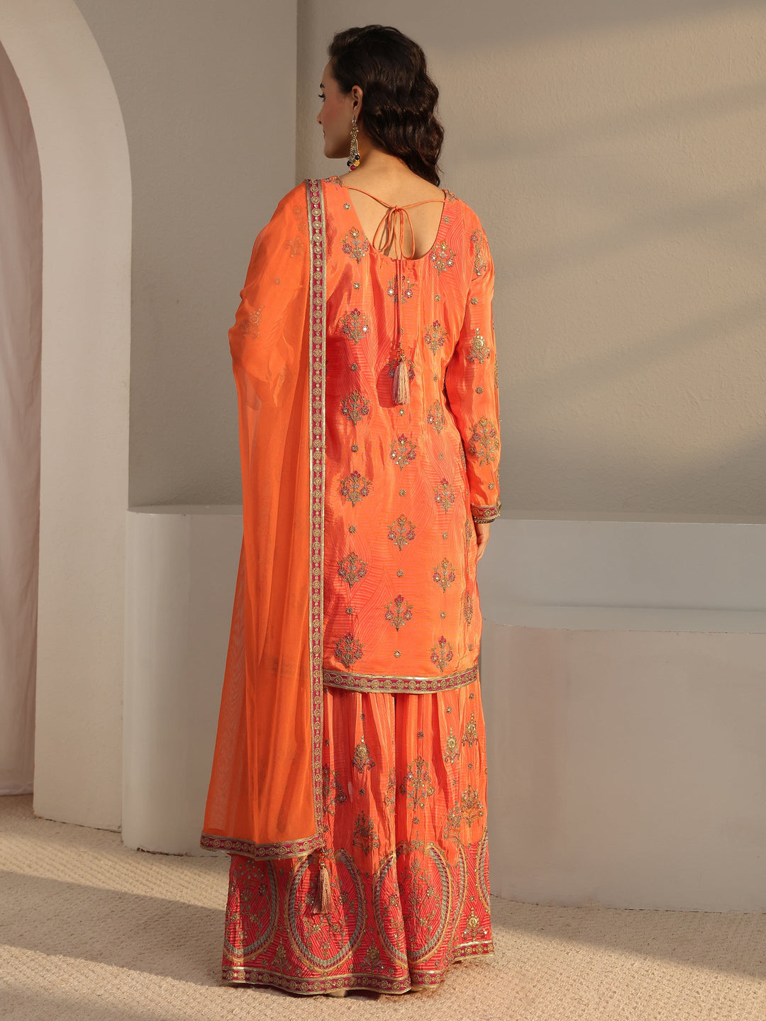 Libas Art Orange Floral Embroidered Silk Blend Palazzo Suit Set With Dupatta