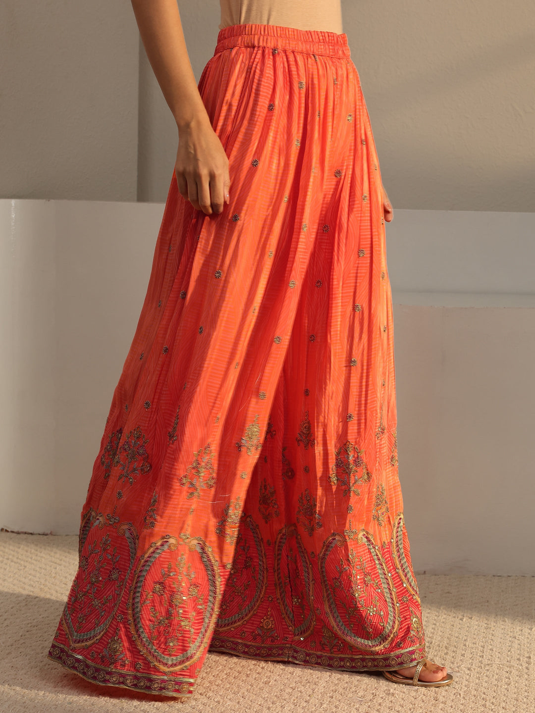 Libas Art Orange Floral Embroidered Silk Blend Palazzo Suit Set With Dupatta