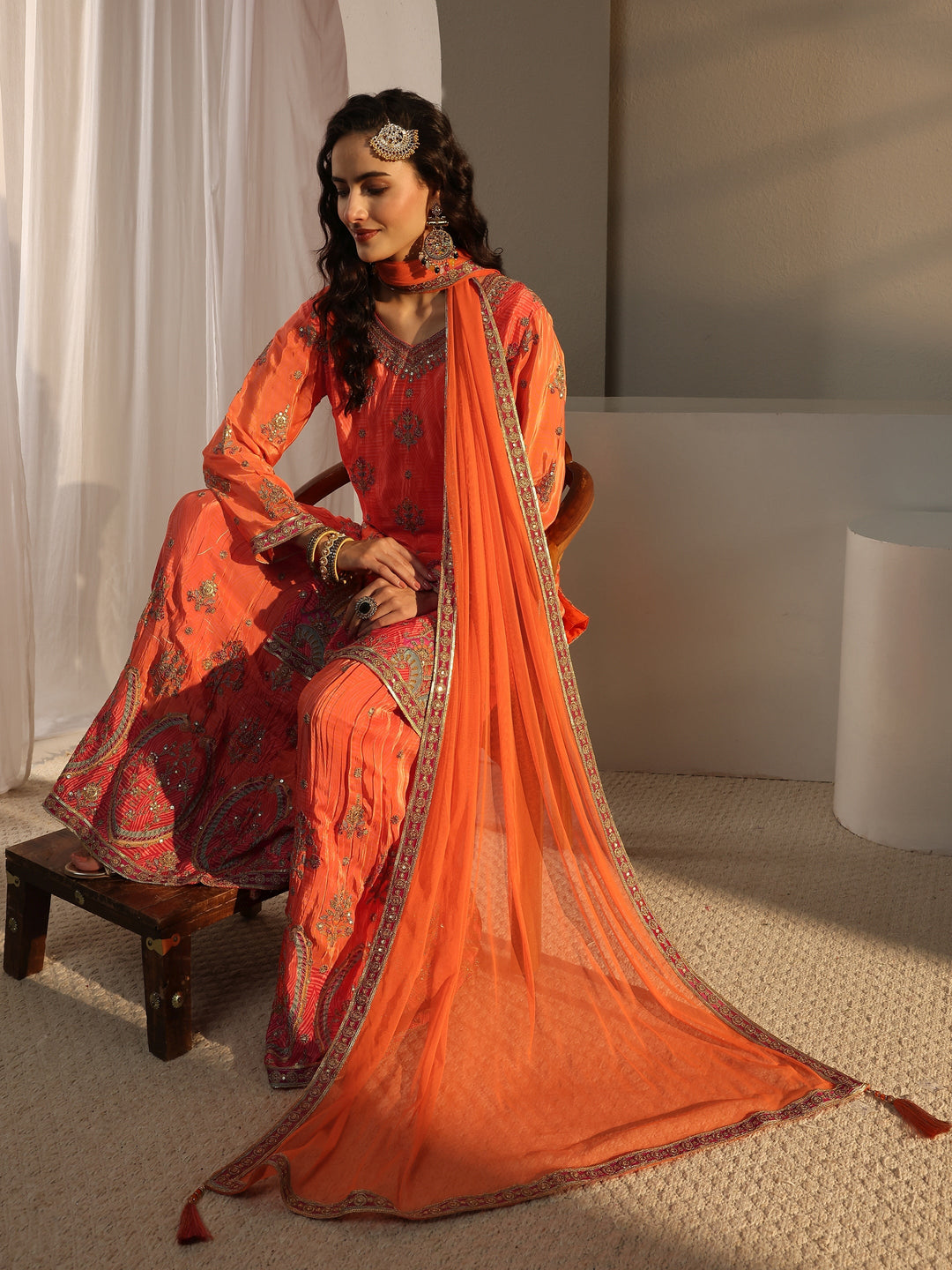 Libas Art Orange Floral Embroidered Silk Blend Palazzo Suit Set With Dupatta