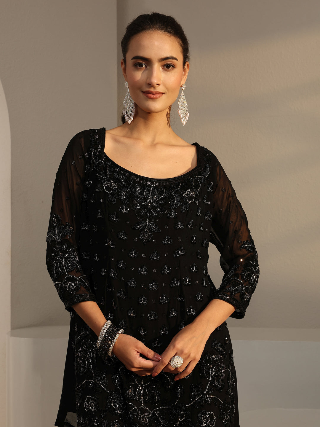 Libas Art Black Embellished Georgette Palazzo Suit Set With Dupatta