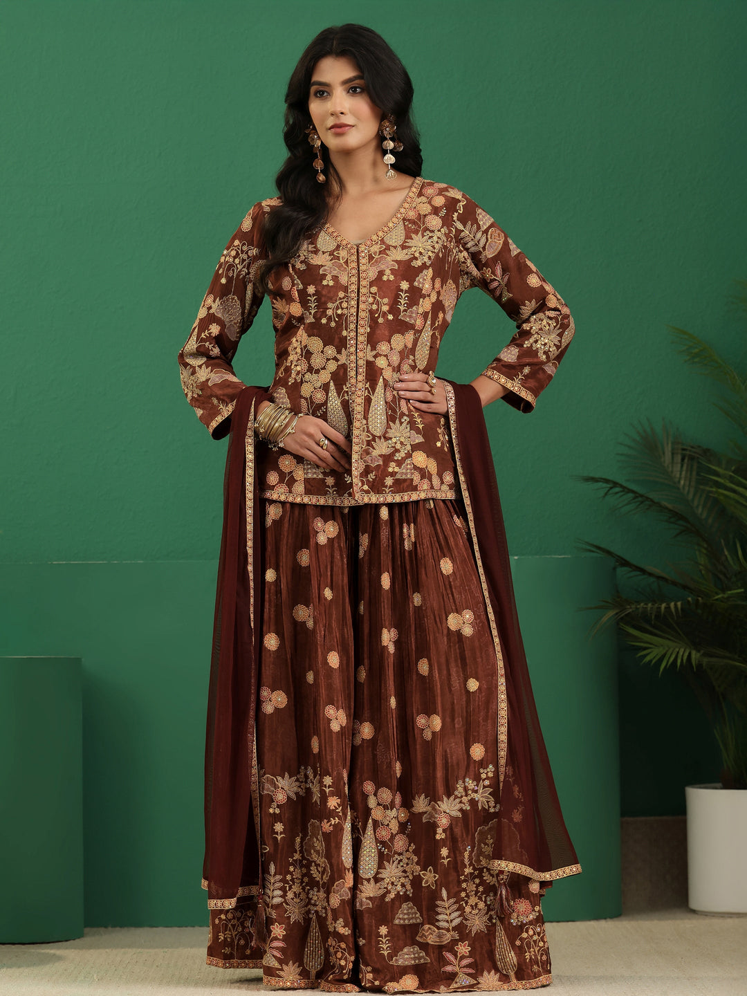 Libas Art Brown Floral Embroidered Silk Blend Sharara Suit Set