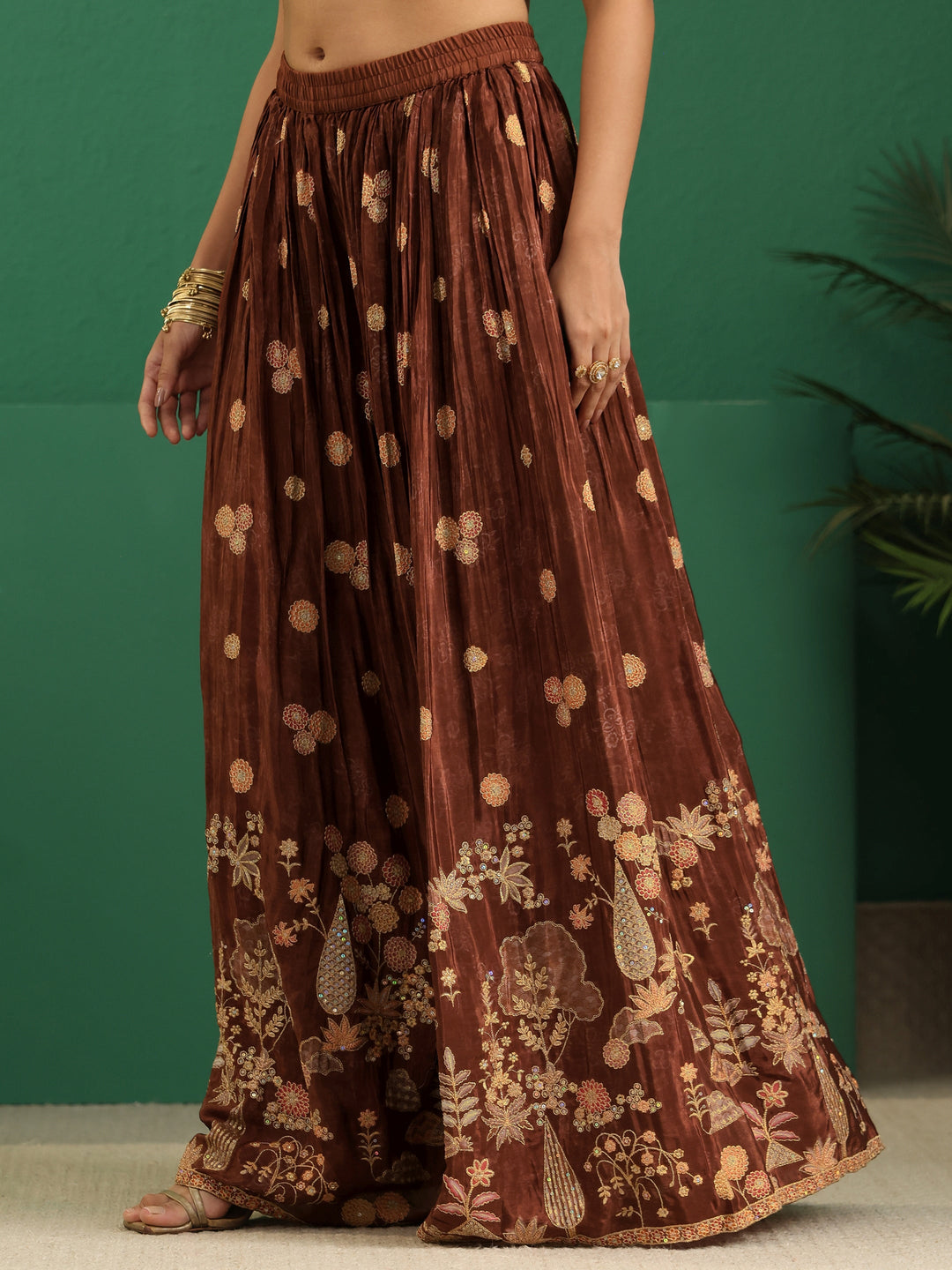 Libas Art Brown Floral Embroidered Silk Blend Sharara Suit Set