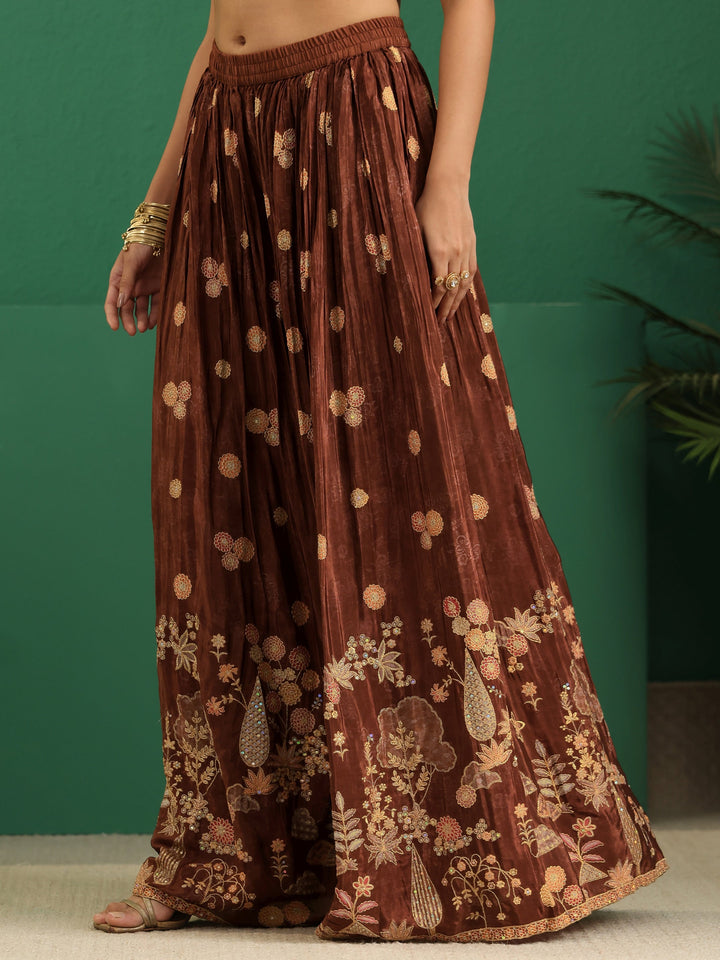 Libas Art Brown Floral Embroidered Silk Blend Sharara Suit Set