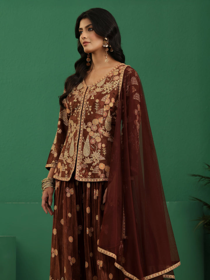 Libas Art Brown Floral Embroidered Silk Blend Sharara Suit Set