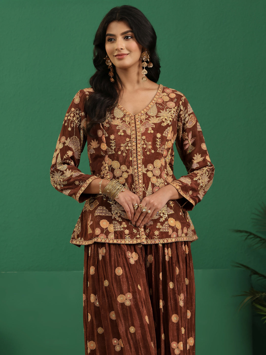Libas Art Brown Floral Embroidered Silk Blend Sharara Suit Set