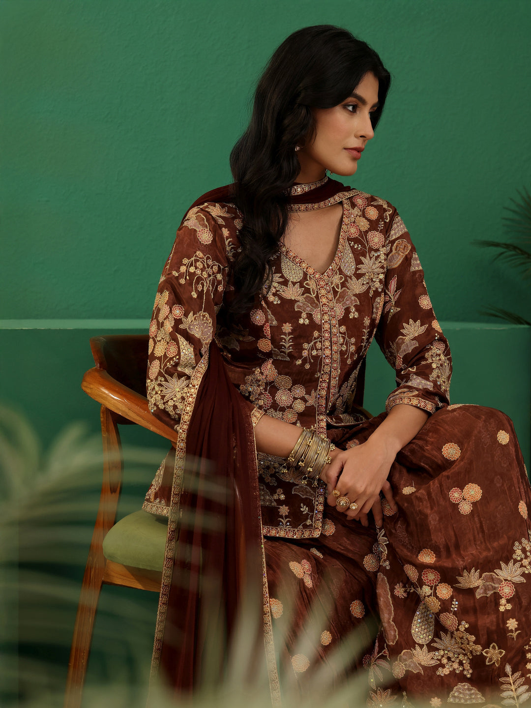 Libas Art Brown Floral Embroidered Silk Blend Sharara Suit Set