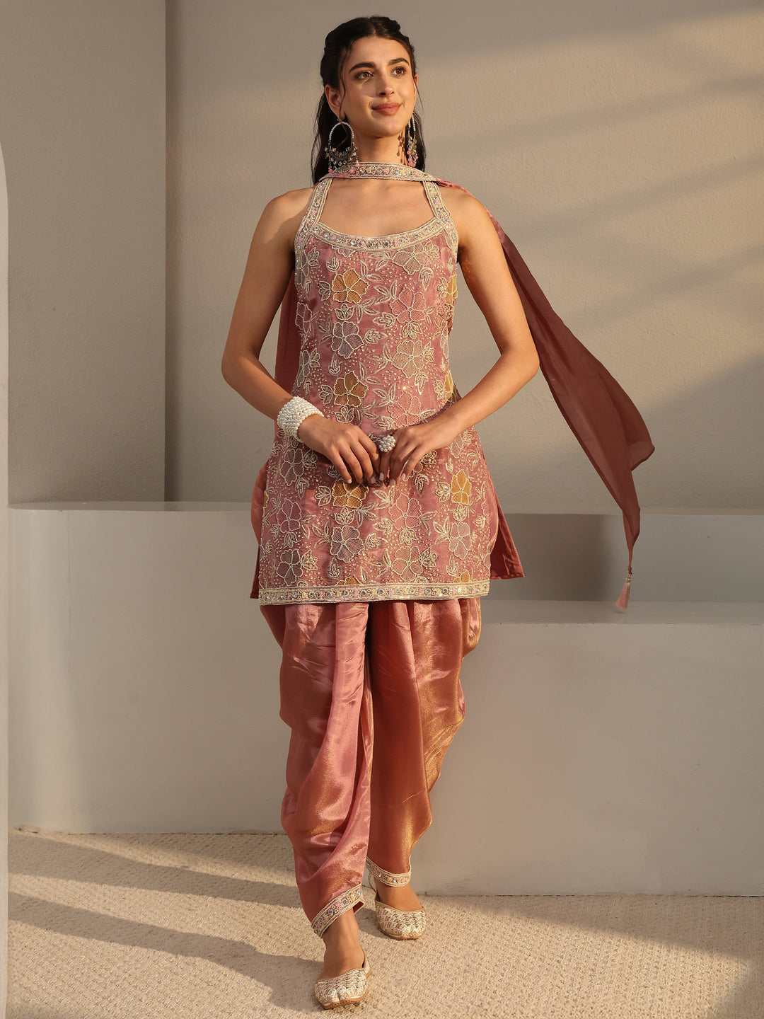 Libas Art Pink Embellished Tissue Dhoti-Style Suit Set With Dupatta