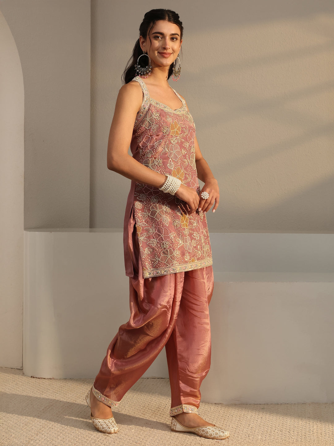 Libas Art Pink Embellished Tissue Dhoti-Style Suit Set With Dupatta