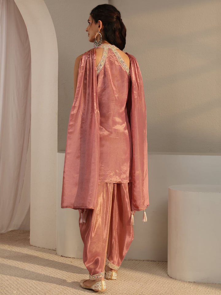 Libas Art Pink Embellished Tissue Dhoti-Style Suit Set With Dupatta