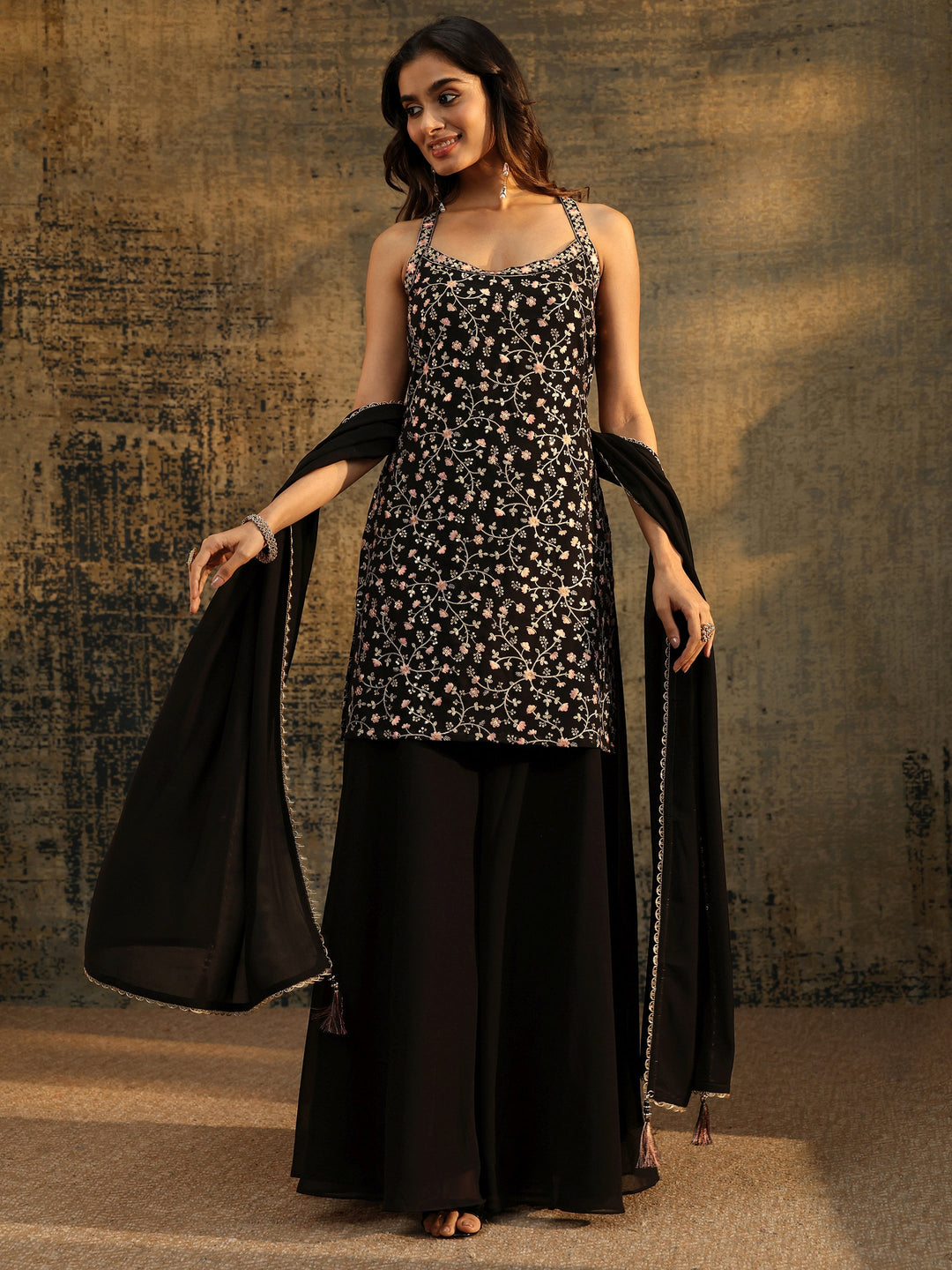 Libas Art Black Strappy Floral Embroidered Georgette Palazzo Suit Set