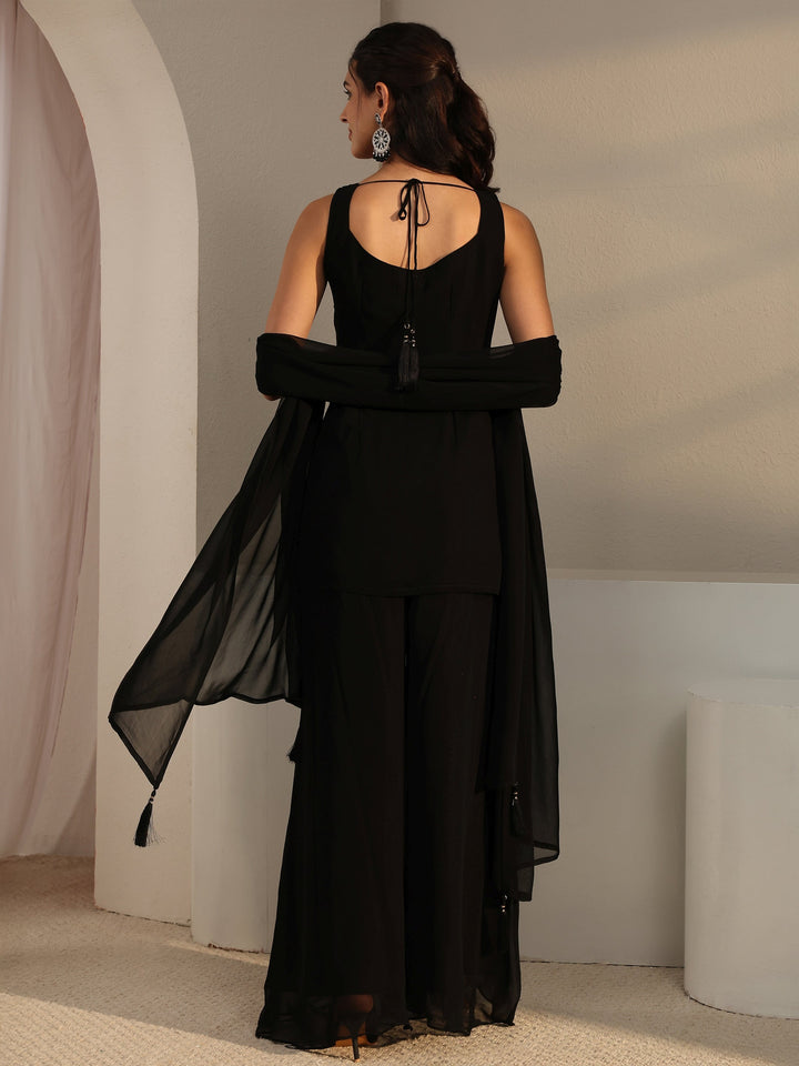 Libas Art Black Embellished Georgette Sharara Suit Set With Dupatta