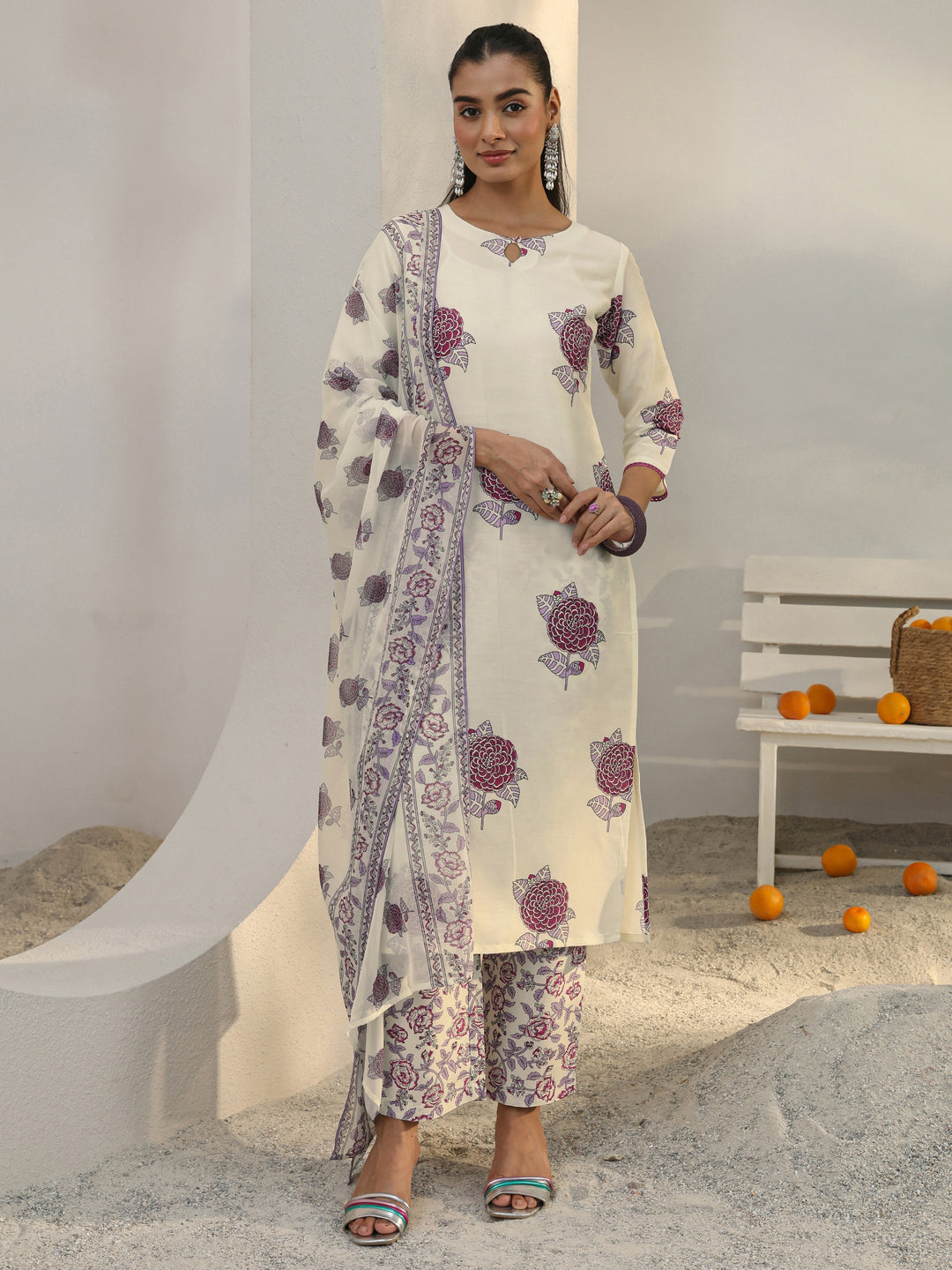 Off White Floral Printed Cotton Blend Straight Suit Set With Dupatta