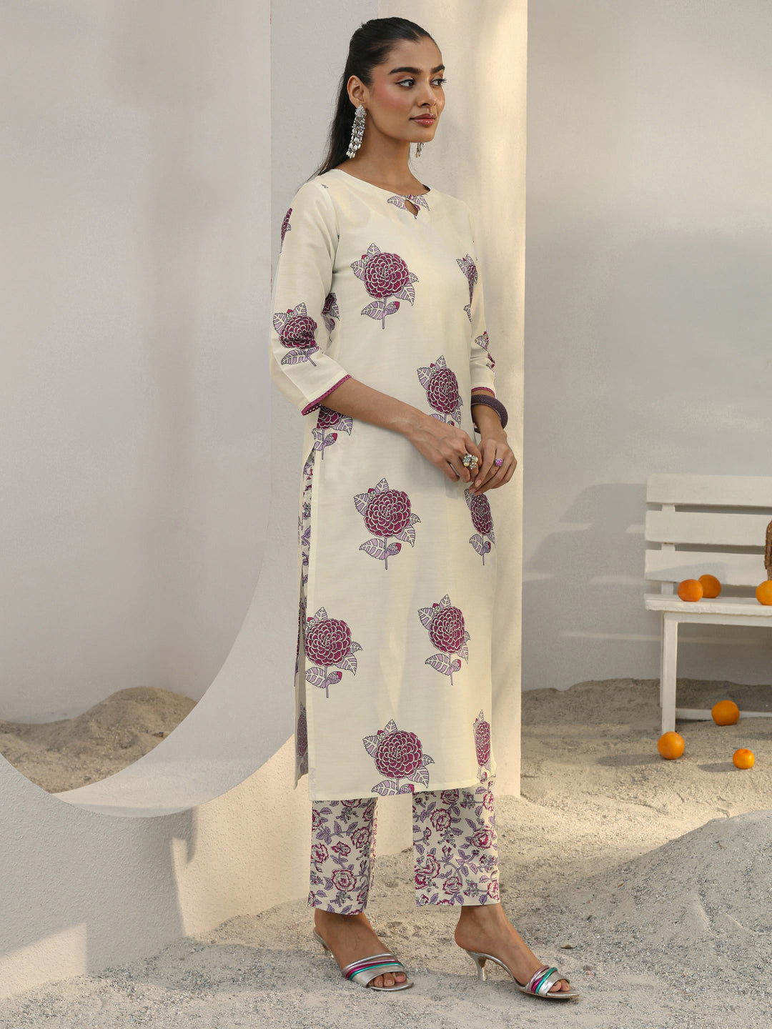 Off White Floral Printed Cotton Blend Straight Suit Set With Dupatta