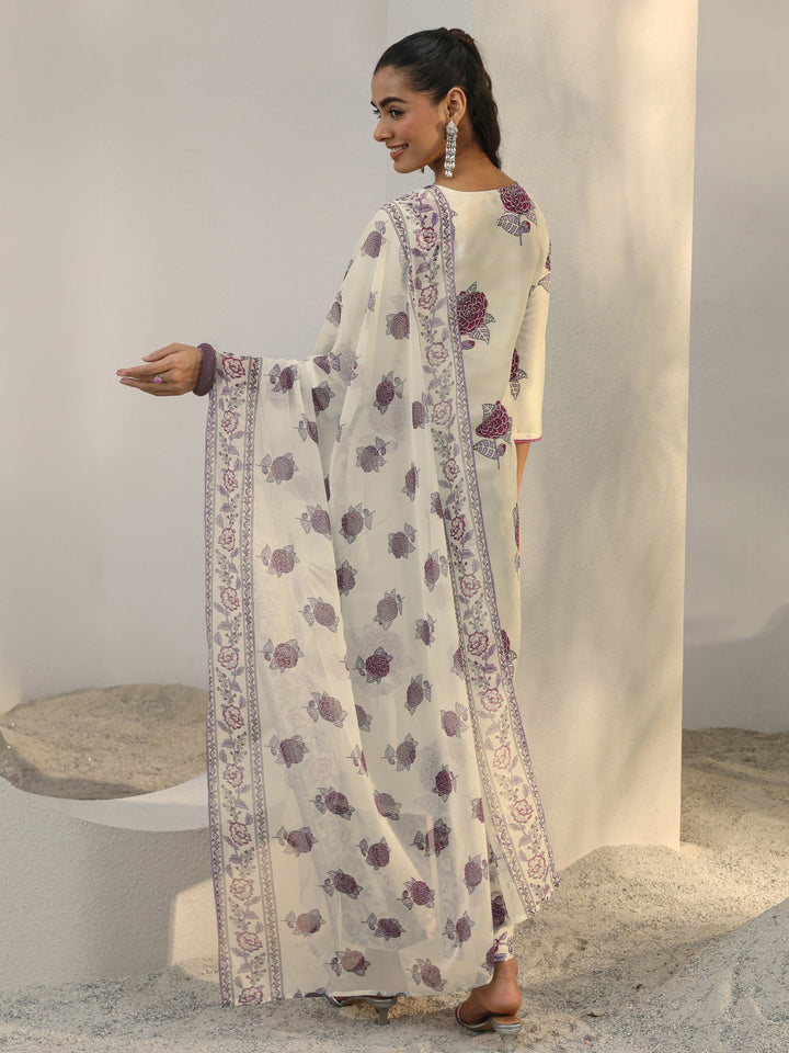 Off White Floral Printed Cotton Blend Straight Suit Set With Dupatta