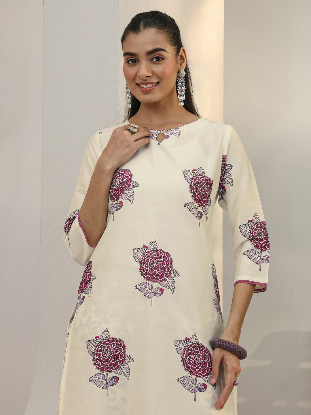 Off White Floral Printed Cotton Blend Straight Suit Set With Dupatta