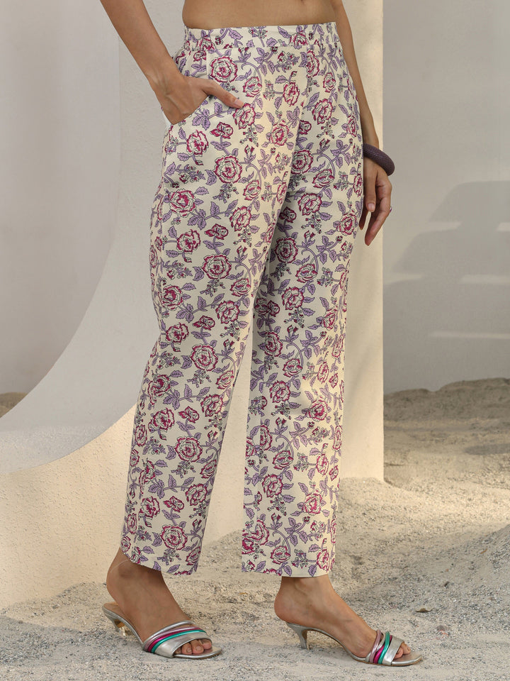 Off White Floral Printed Cotton Blend Straight Suit Set With Dupatta