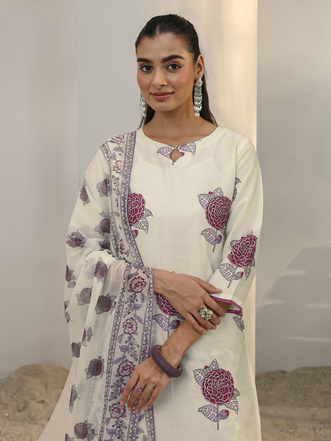 Off White Floral Printed Cotton Blend Straight Suit Set With Dupatta