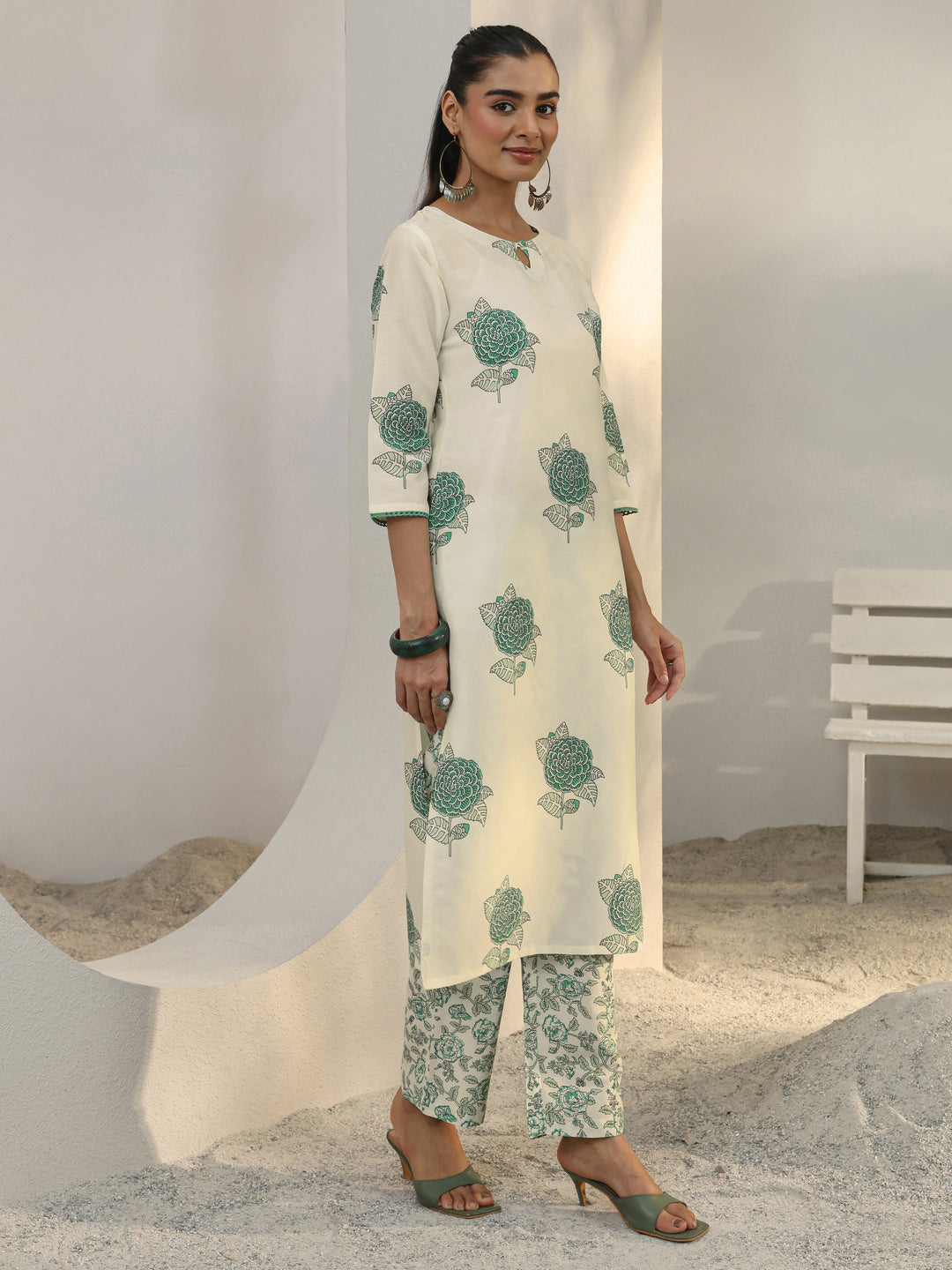 Libas Off White Floral Printed Cotton Blend Straight Suit Set With Dupatta