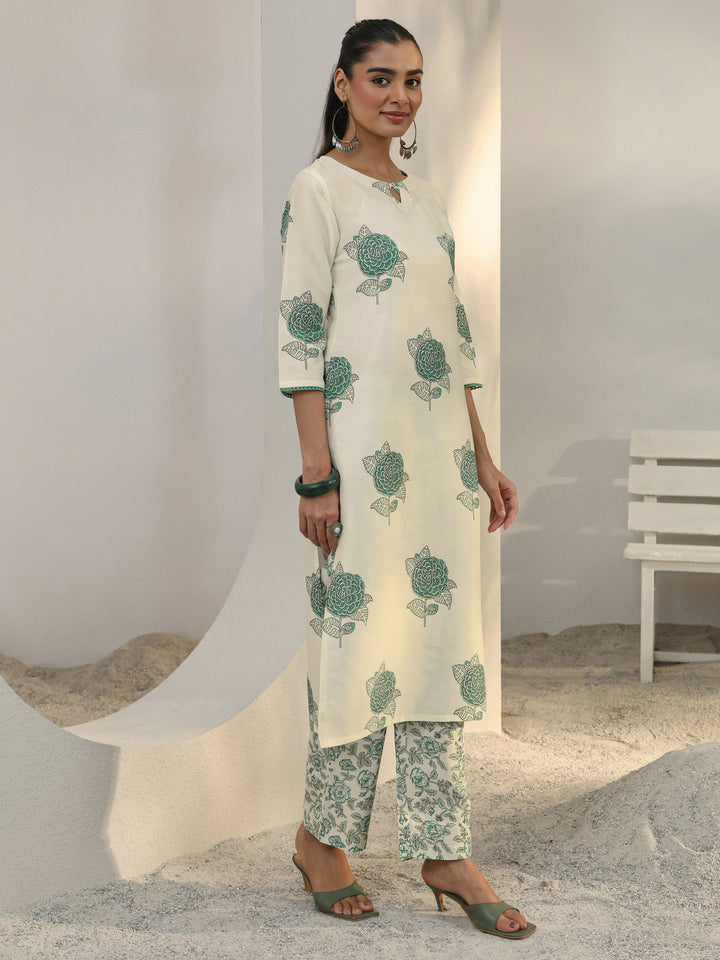 Libas Off White Floral Printed Cotton Blend Straight Suit Set With Dupatta