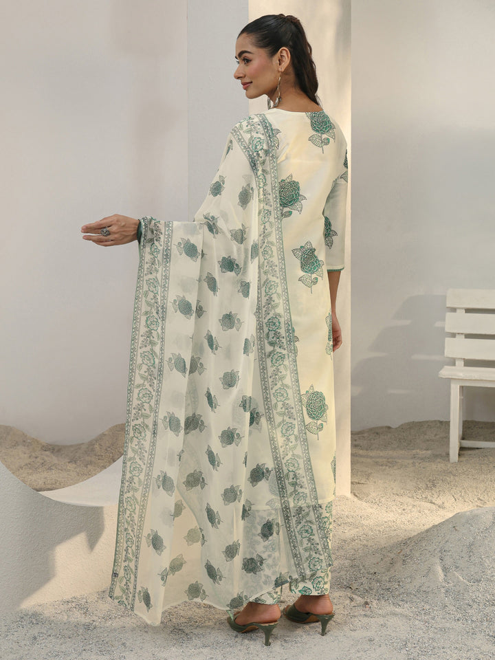 Libas Off White Floral Printed Cotton Blend Straight Suit Set With Dupatta