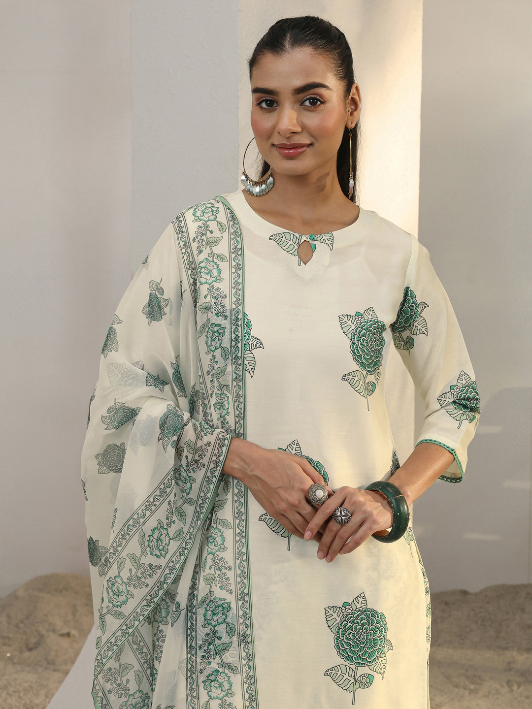 Libas Off White Floral Printed Cotton Blend Straight Suit Set With Dupatta