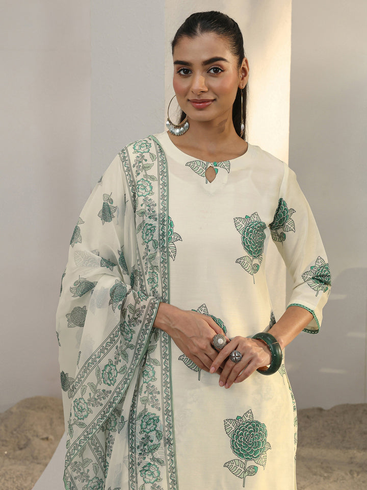 Libas Off White Floral Printed Cotton Blend Straight Suit Set With Dupatta
