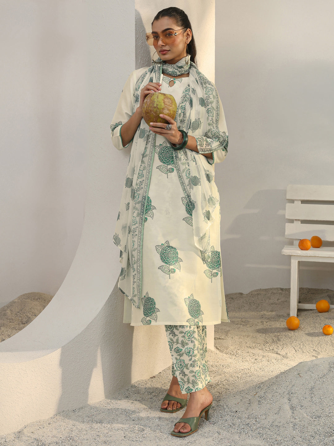 Libas Off White Floral Printed Cotton Blend Straight Suit Set With Dupatta