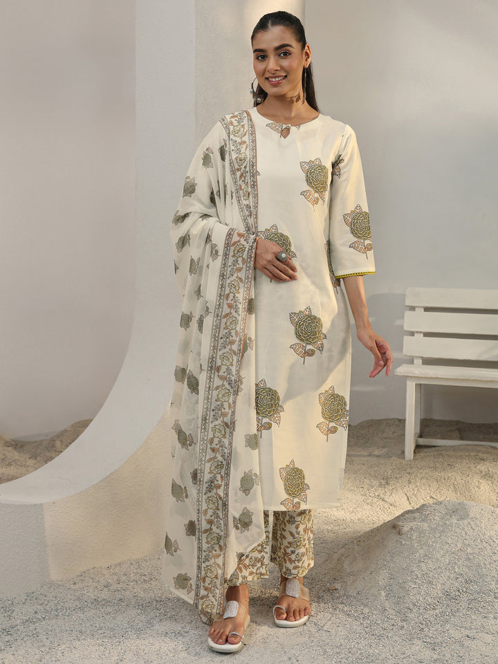 Libas Off White Floral Printed Cotton Blend Straight Suit Set With Dupatta