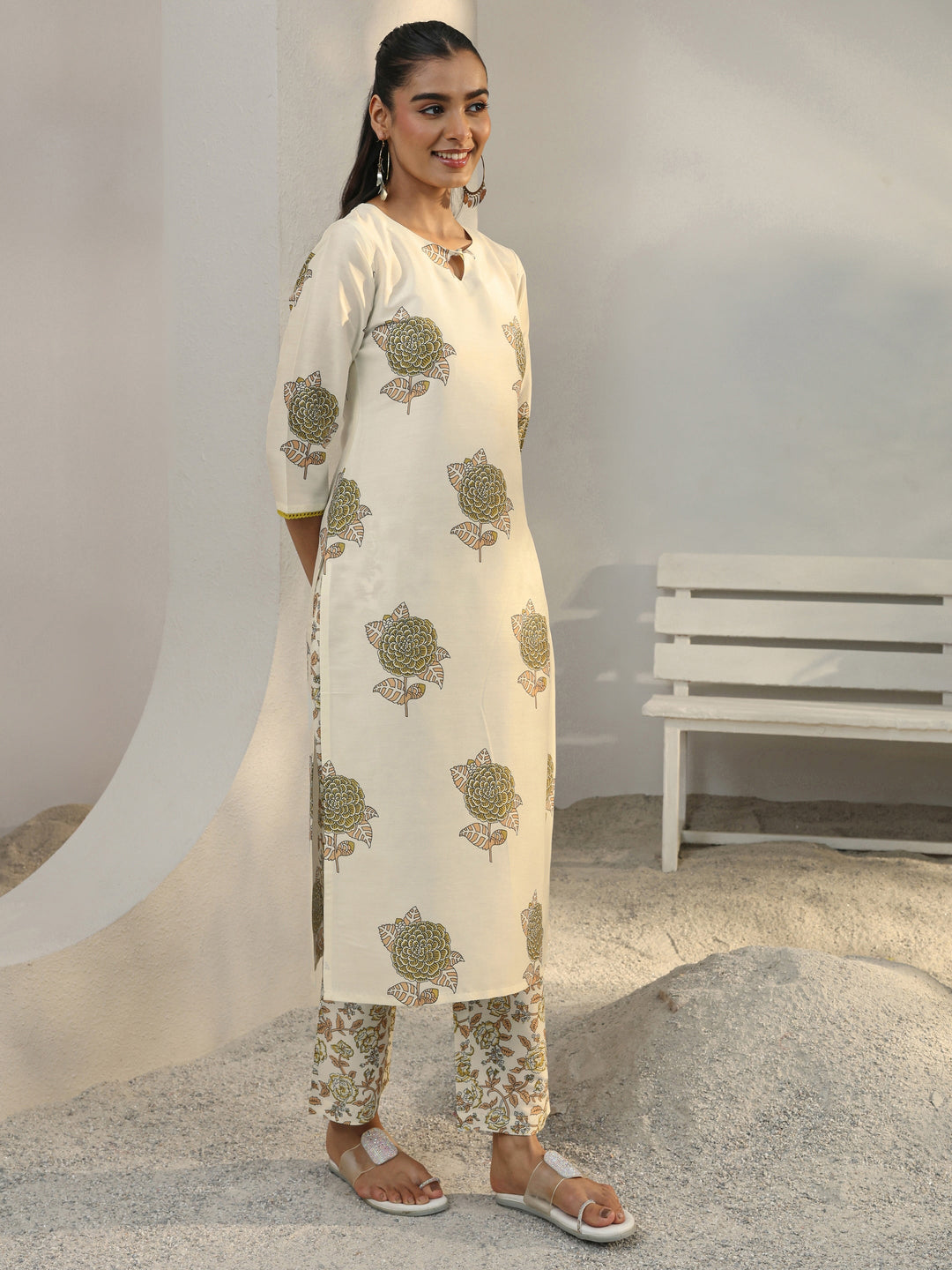 Libas Off White Floral Printed Cotton Blend Straight Suit Set With Dupatta