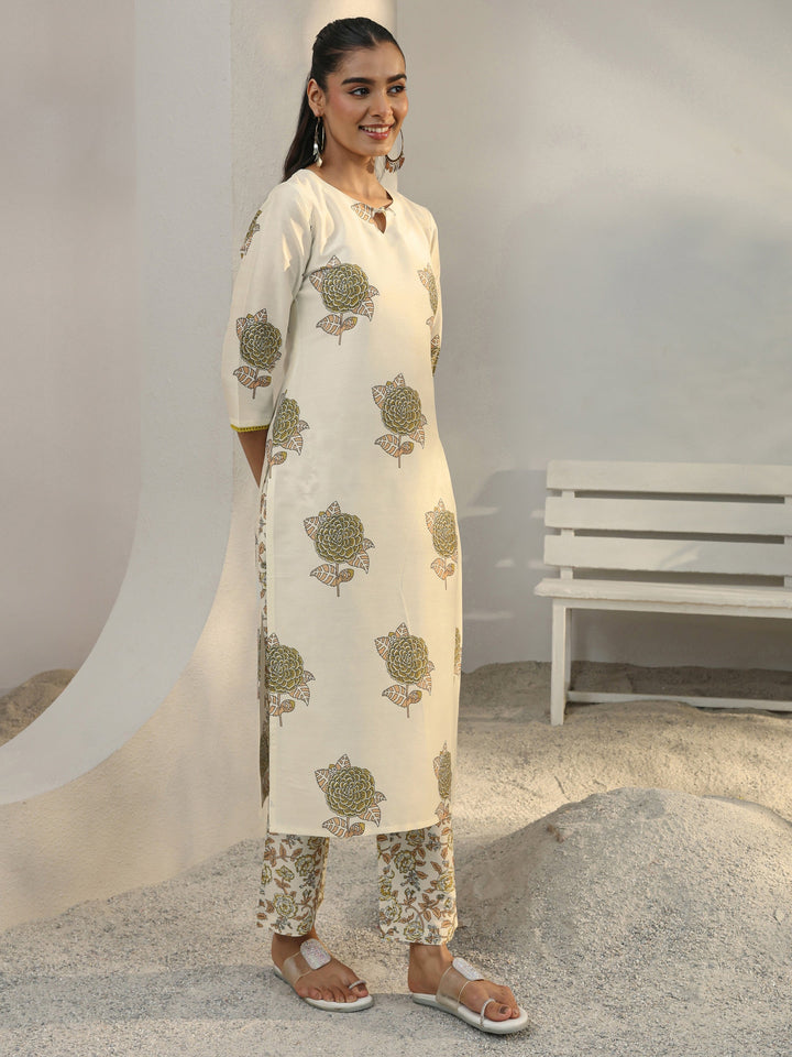 Libas Off White Floral Printed Cotton Blend Straight Suit Set With Dupatta