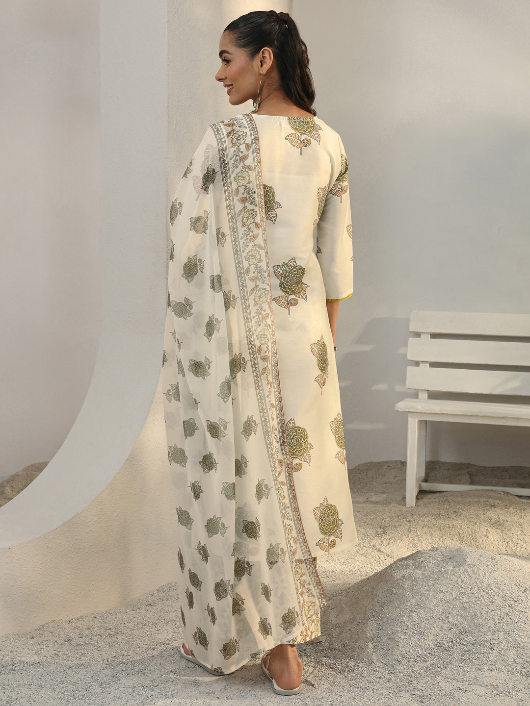 Libas Off White Floral Printed Cotton Blend Straight Suit Set With Dupatta