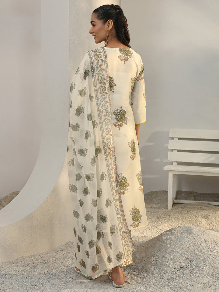 Libas Off White Floral Printed Cotton Blend Straight Suit Set With Dupatta
