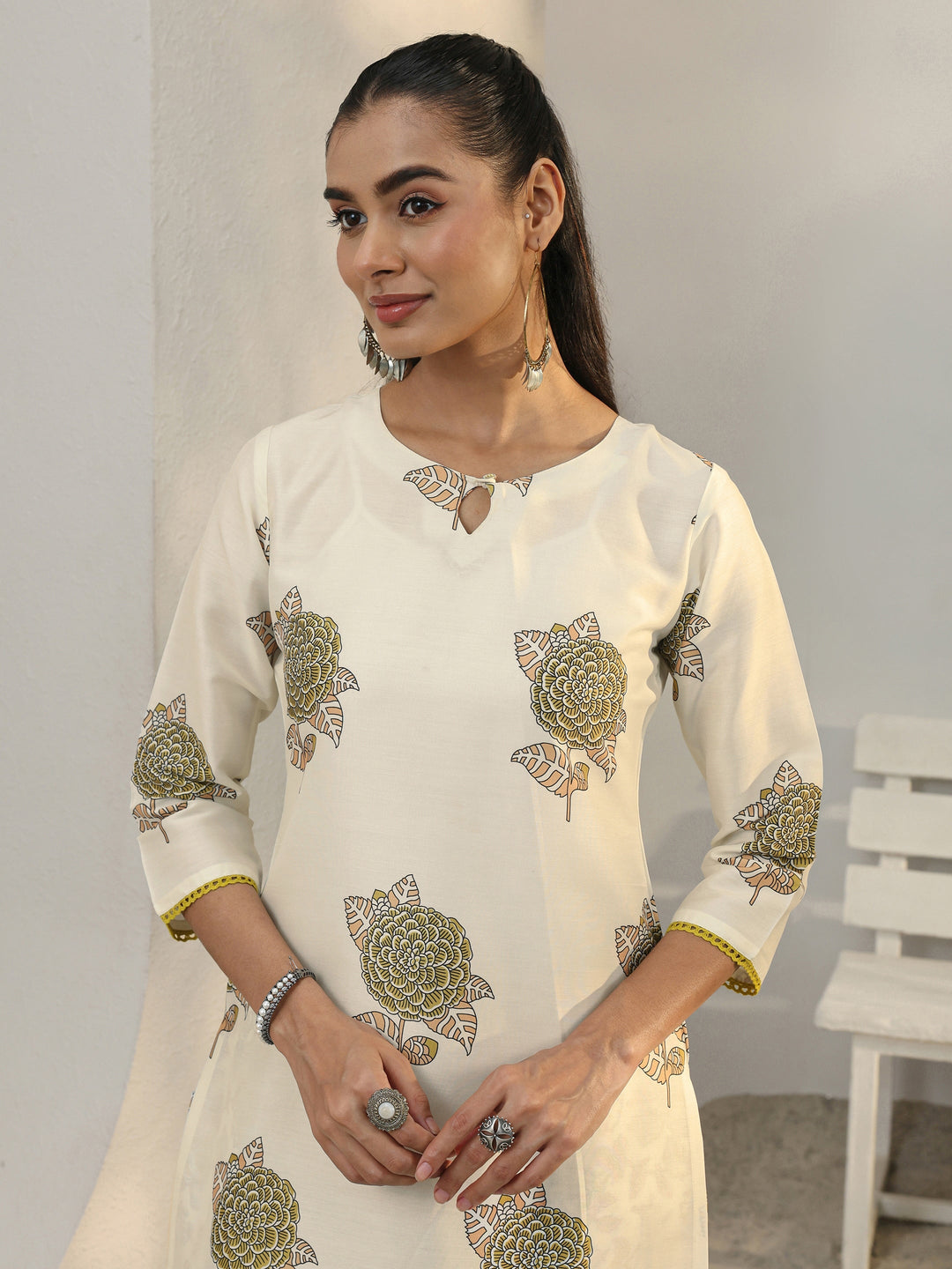 Libas Off White Floral Printed Cotton Blend Straight Suit Set With Dupatta