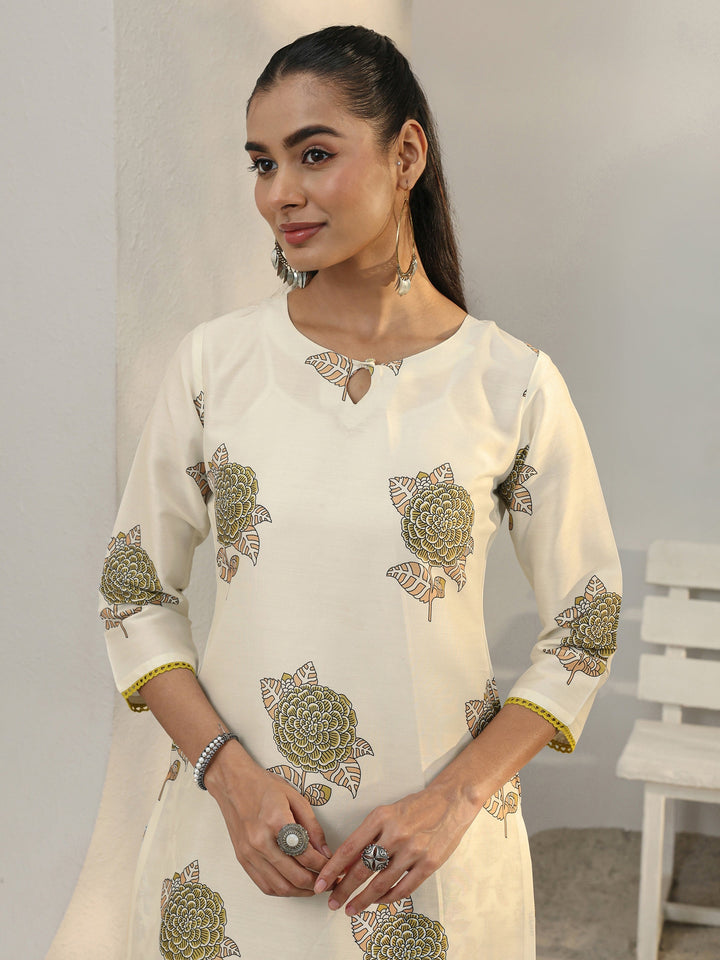 Libas Off White Floral Printed Cotton Blend Straight Suit Set With Dupatta