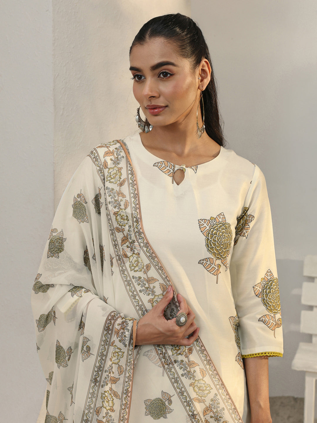 Libas Off White Floral Printed Cotton Blend Straight Suit Set With Dupatta